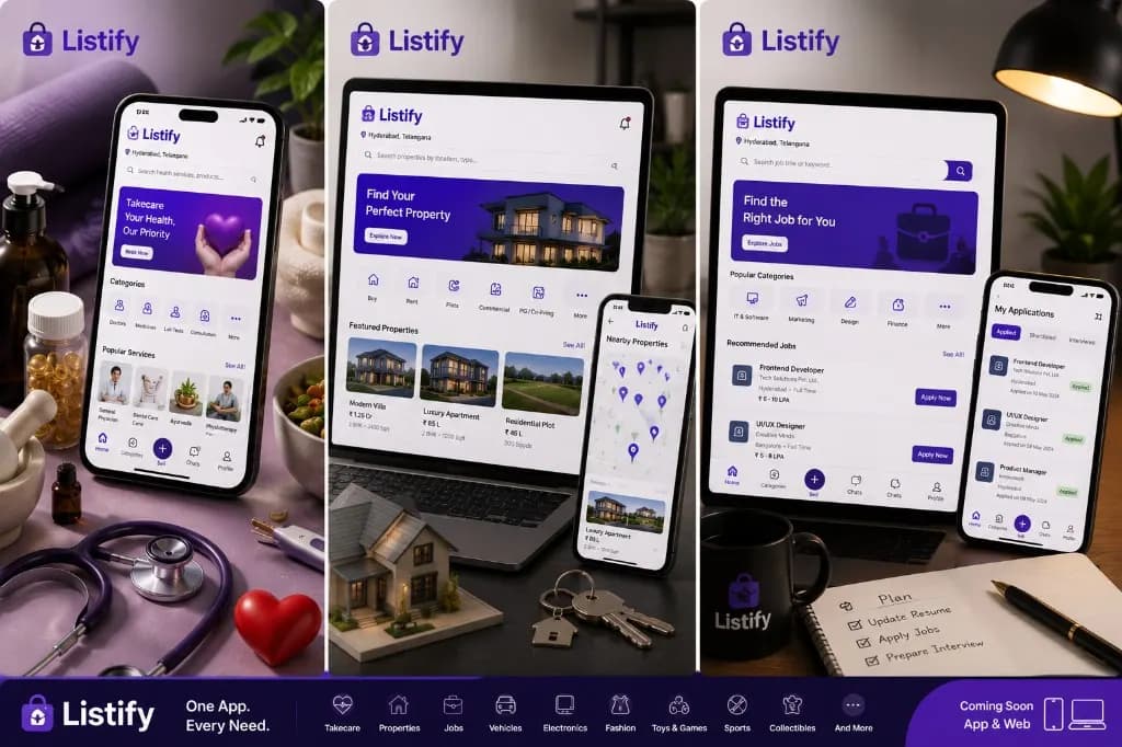 Listifys app for takecare, properties, and jobs